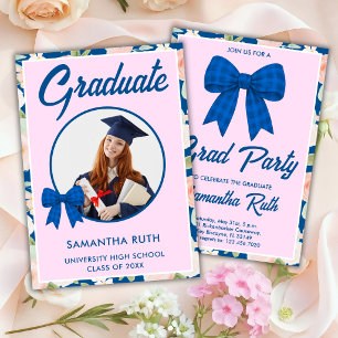Invitation Fleur Sauvage Bleu Gingham Noeud Photo Remise des 
