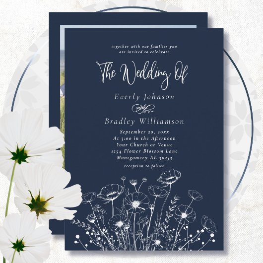 Invitation Fleur sauvage bleu marine Boho Mariage floral mini