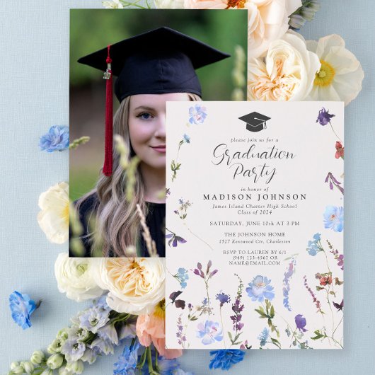 Invitation Fleur sauvage bleu photo Lycée Graduation Party
