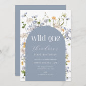 Invitation Fleur sauvage bleu sauvage Un 1er anniversaire Inv (Devant / Derrière)