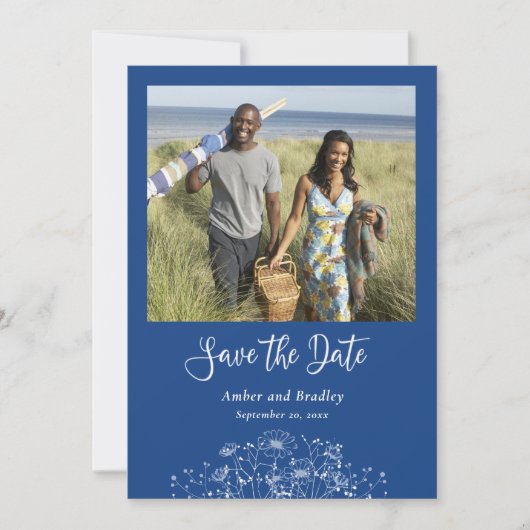 Invitation Fleur sauvage bleu simple photo QR Code Mariage (Devant)