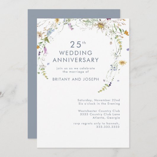 Invitation Fleur Sauvage Bleue Florale 25e Anniversaire de Ma (Devant / Derrière)