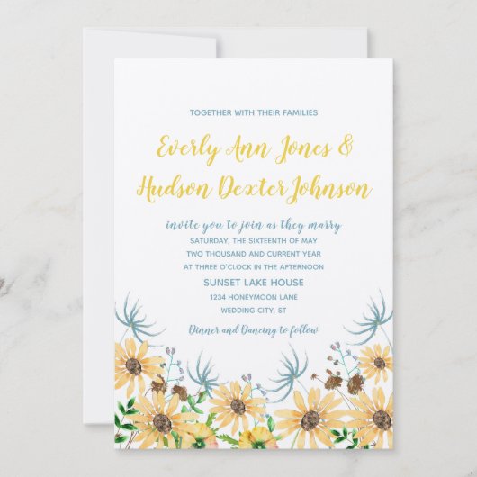 Invitation Fleur sauvage Bloom Elegance Mariage bleu jaune (Devant)