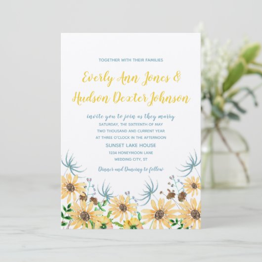 Invitation Fleur sauvage Bloom Elegance Mariage bleu jaune (Debout devant)