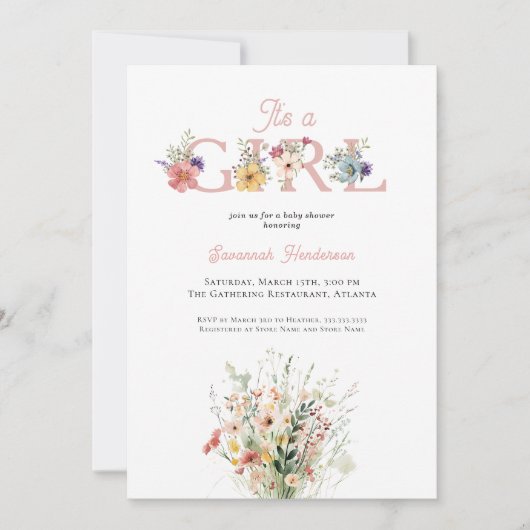 Invitation Fleur sauvage Blush Pink C'est un Baby shower fill (Devant)