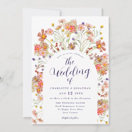 Invitation Fleur sauvage Boho Arch Marine Bleu Blanc Mariage (Devant)