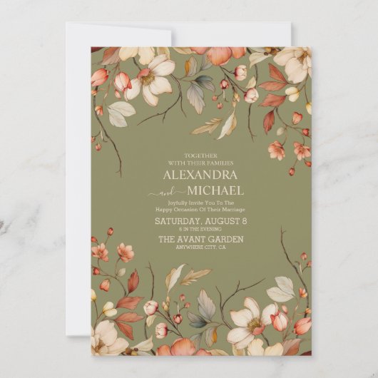 Invitation Fleur sauvage Boho Automne Mariage vert (Devant)