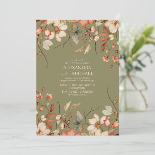 Invitation Fleur sauvage Boho Automne Mariage vert (Debout devant)