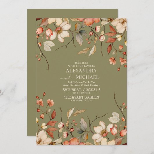 Invitation Fleur sauvage Boho Automne Mariage vert (Devant / Derrière)