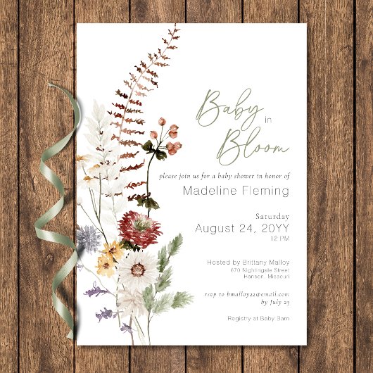 Invitation Fleur sauvage Boho Baby dans le Baby shower en fle
