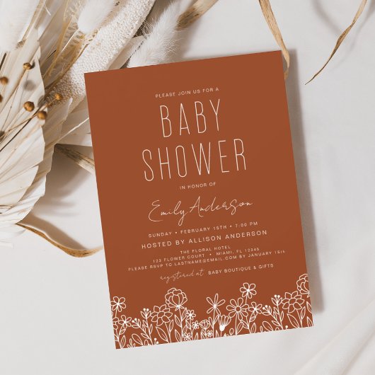 Invitation Fleur sauvage Boho Baby shower brûlé orange