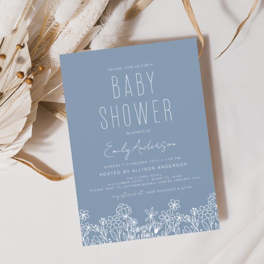 Invitation Fleur sauvage Boho Baby shower Dusty Blue Elegant