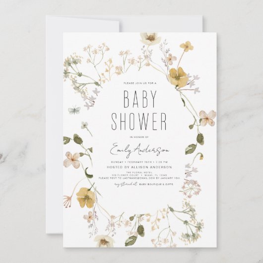 Invitation Fleur sauvage Boho Baby shower élégant moderne (Devant)