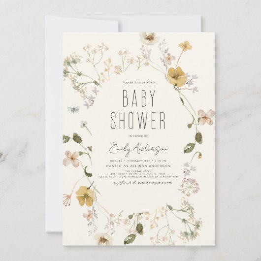 Invitation Fleur sauvage Boho Baby shower élégant moderne (Devant)
