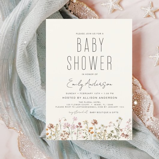 Invitation Fleur sauvage Boho Baby shower élégant moderne
