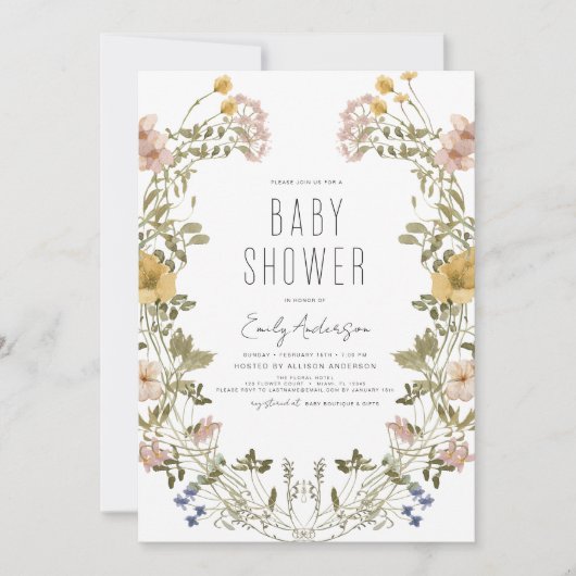Invitation Fleur sauvage Boho Baby shower élégant moderne Inv (Devant)