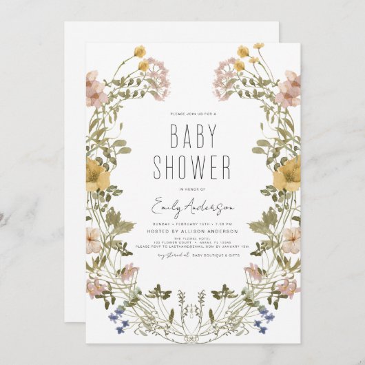 Invitation Fleur sauvage Boho Baby shower élégant moderne Inv (Devant / Derrière)