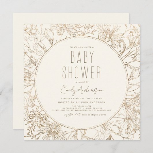 Invitation Fleur sauvage Boho Baby shower Or moderne (Devant / Derrière)