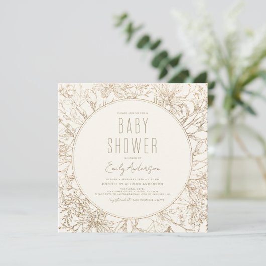 Invitation Fleur sauvage Boho Baby shower Or moderne (Debout devant)