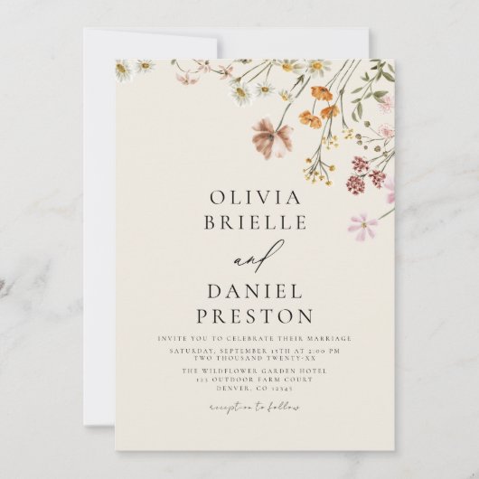 Invitation Fleur sauvage Boho Beige tout en un QR Code Mariag (Devant)