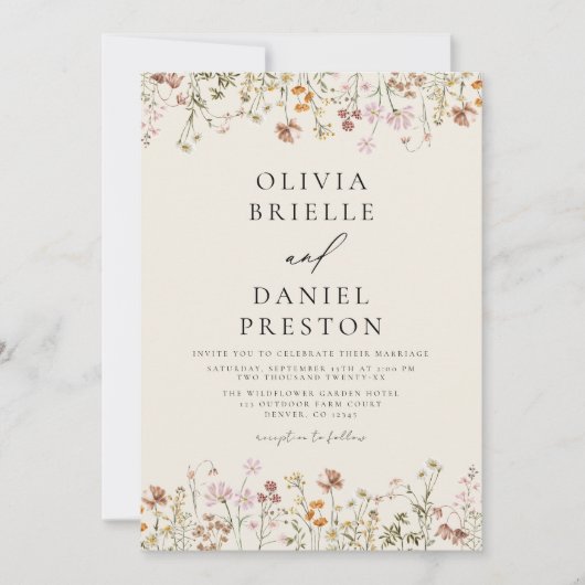 Invitation Fleur sauvage Boho Beige tout en un QR Code Mariag (Devant)