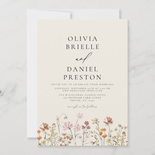 Invitation Fleur sauvage Boho Beige tout en un QR Code Mariag (Devant)