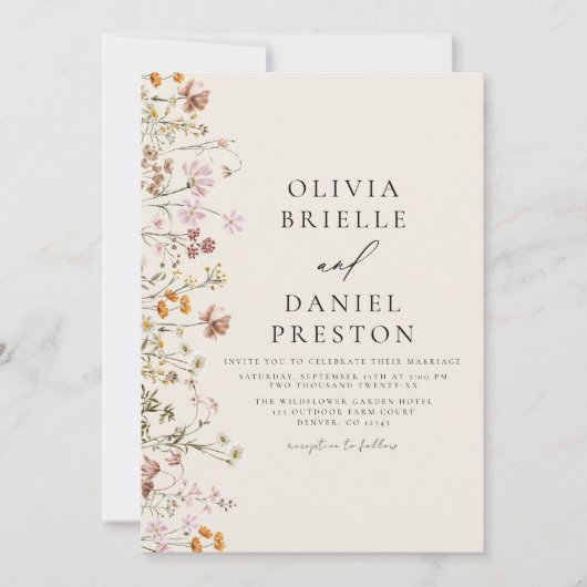 Invitation Fleur sauvage Boho Beige tout en un QR Code Mariag (Devant)