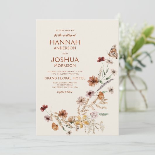 Invitation Fleur sauvage Boho Beige tout en un QR Code Mariag (Debout devant)