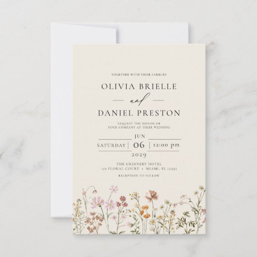 Invitation Fleur sauvage Boho Beige tout en un QR Code Mariag (Devant)