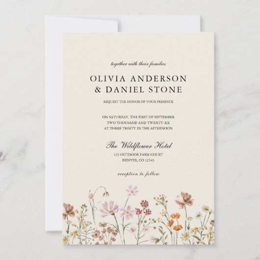 Invitation Fleur sauvage Boho Beige tout en un QR Code Mariag (Devant)