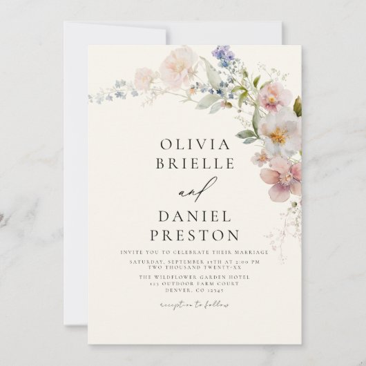 Invitation Fleur sauvage Boho Beige tout en un QR Code Mariag (Devant)