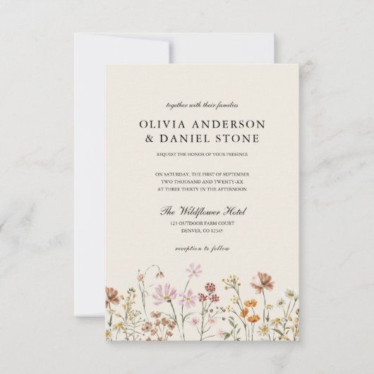 Invitation Fleur sauvage Boho Beige tout en un QR Code Mariag (Devant)