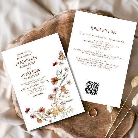 Invitation Fleur sauvage Boho Beige tout en un QR Code Mariag