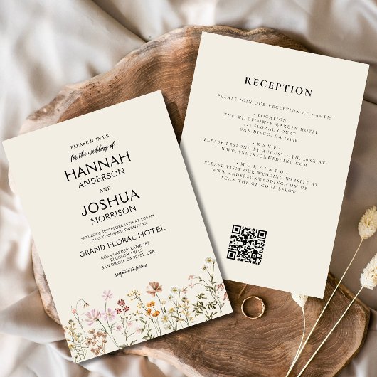 Invitation Fleur sauvage Boho Beige tout en un QR Code Mariag