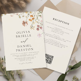 Invitation Fleur sauvage Boho Beige tout en un QR Code Mariag