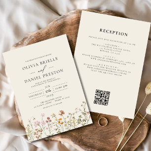 Invitation Fleur sauvage Boho Beige tout en un QR Code Mariag