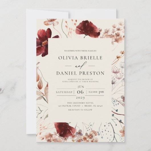 Invitation Fleur sauvage Boho Beige tout en un QR Code Mariag (Devant)