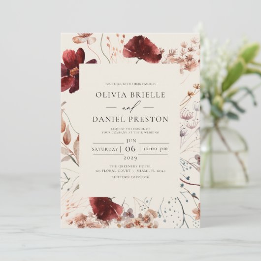 Invitation Fleur sauvage Boho Beige tout en un QR Code Mariag (Debout devant)