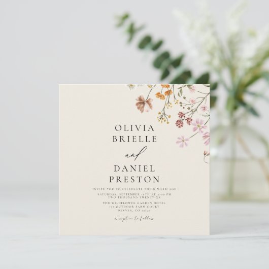 Invitation Fleur sauvage Boho Beige tout en un QR Code Mariag (Debout devant)