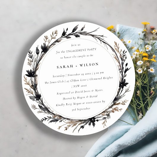Invitation Fleur sauvage Boho Black Brown Automne Fiançailles