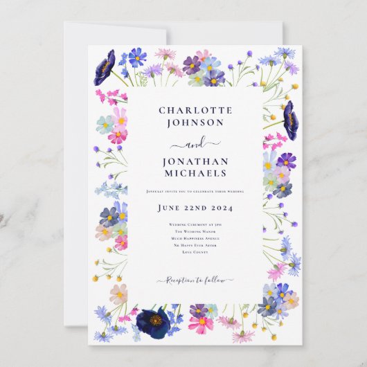 Invitation Fleur sauvage Boho Blue QR Code Mariage (Devant)