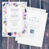 Invitation Fleur sauvage Boho Blue QR Code Mariage