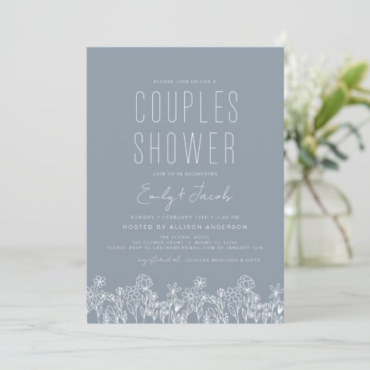Invitation Fleur sauvage Boho Dusty Blue Couples (Debout devant)