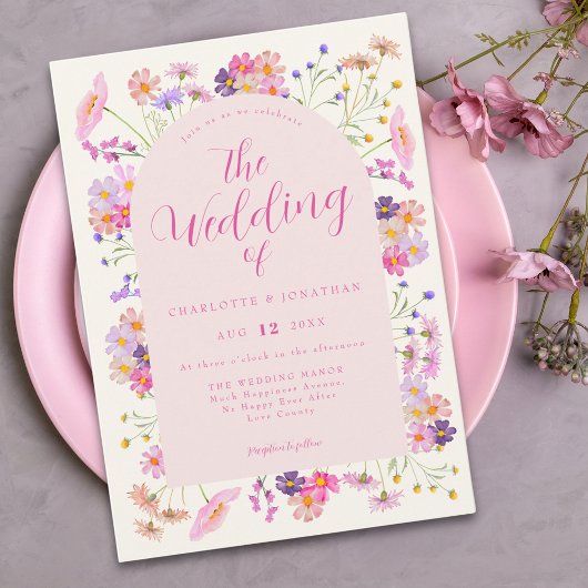 Invitation Fleur sauvage Boho Elegant Mariage rose