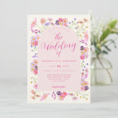 Invitation Fleur sauvage Boho Elegant rose QR Code Mariage (Debout devant)