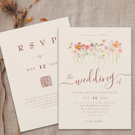 Invitation Fleur sauvage Boho Fall Beige Terracotta Code QR