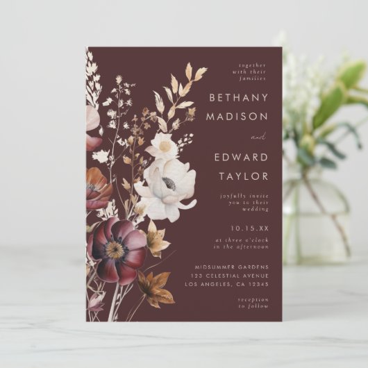 Invitation Fleur sauvage Boho Fall Mariage Brown (Debout devant)
