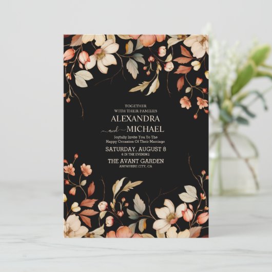 Invitation Fleur sauvage Boho Fall Mariage noir (Debout devant)
