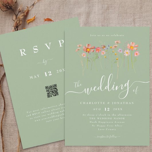 Invitation Fleur sauvage Boho Fall Sage Green Code QR Mariage