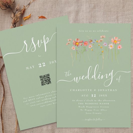 Invitation Fleur sauvage Boho Fall Sage vert QR code Mariage